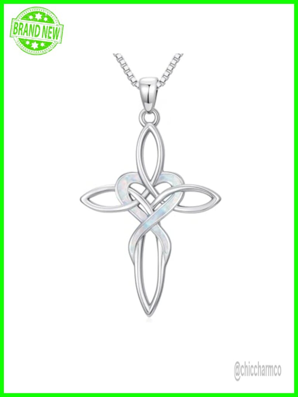 Celtic Knot Cross Pendant Necklace White Opal Infinity Heart Baptism Gift